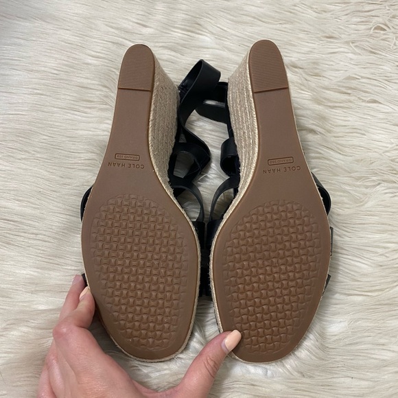 Cole Haan Black Leather Strappy Open Toe Espadrille Crystal Wedge Sandals - Picture 6 of 7